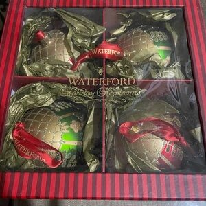 Waterford Green and Gold Ornament with Red Ribbon